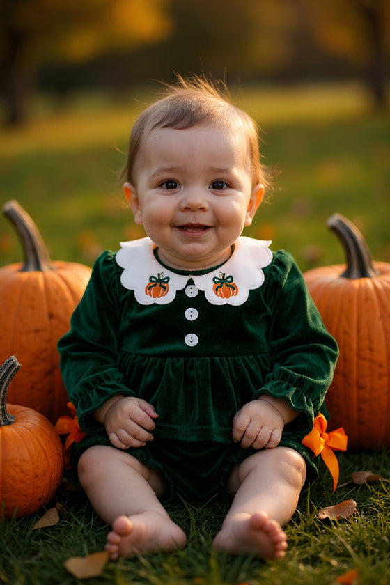 Fall, green velvety fabric baby onesie with embroidered details. OFG51490 JEAN