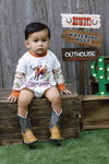 I come from good stock" longhorn cow printed boys baby onesie. LR050401-MARIA