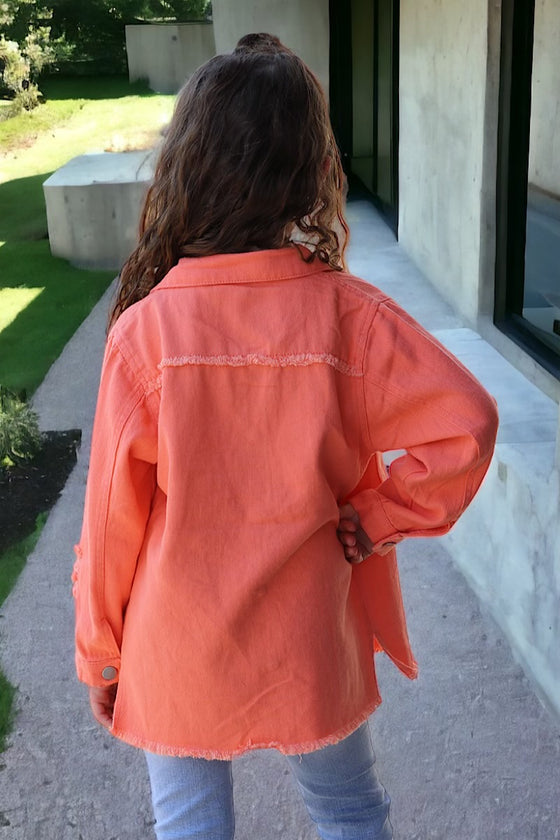 Girls Orange distressed denim shirt. TPG60153015-AMY
