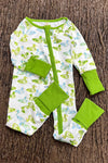 Green duck printed baby romper with fold over hands & footies. LR0505-9-AMY