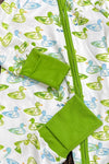 Green duck printed baby romper with fold over hands & footies. LR0505-9-AMY