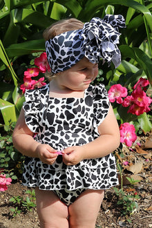  MULTI- COW SPOTTED PRINT BABY ONESIE W/ SNAPS. (headband is sold separately)L-DLH2353K-AMY