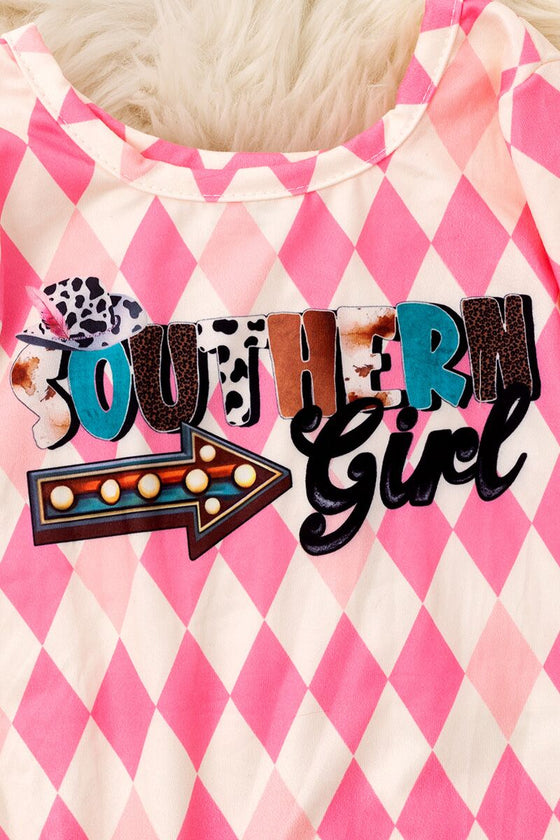 "Southern girl" Pink diamond printed girls baby romper. RPG53077 SOL
