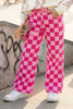 Fuchsia & light pink checkered printed denim pants. PNG60321 SOL