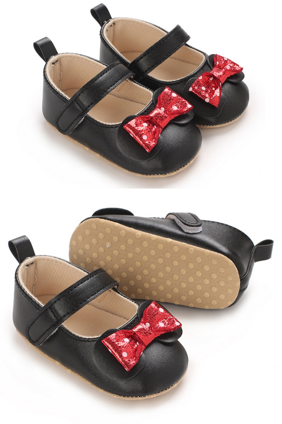 Black dressy baby shoes w/red front bow. BYQ4150B-