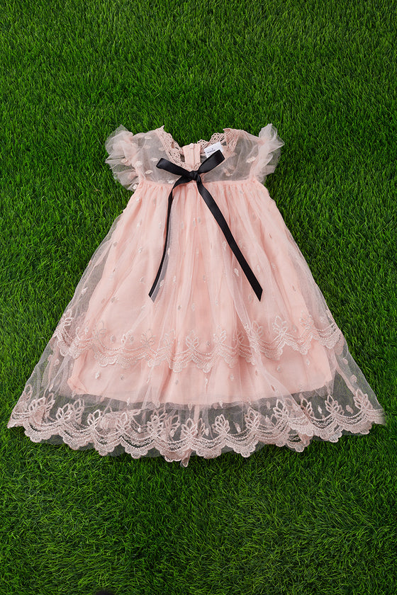 Lace embroidered dress with front bow detail.DRG251423033 SOL