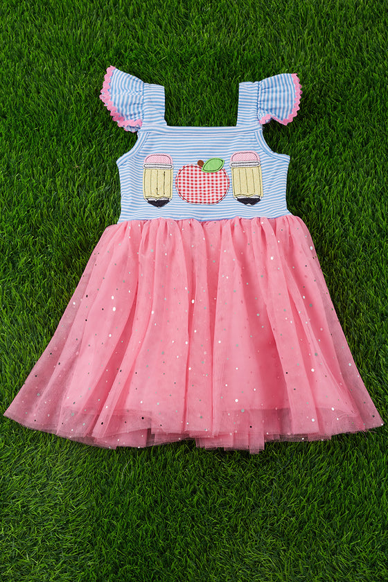 Pencils & apple application & tulle bottom dress. DRG35113017-LOI