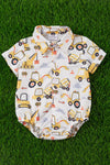 Yellow construction truck baby onesie with snaps. RPB25153007 SOL