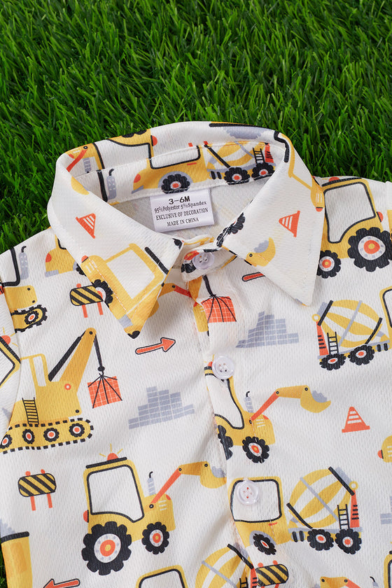Yellow construction truck baby onesie with snaps. RPB25153007 SOL