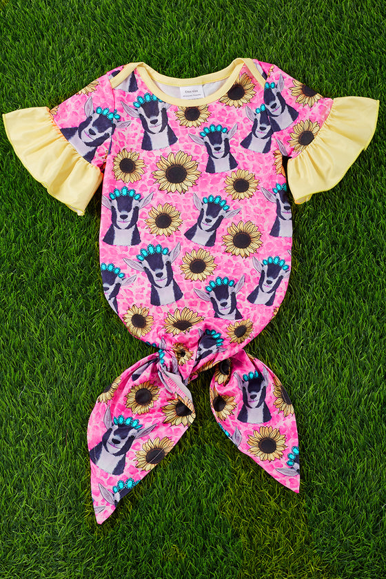Goat & sunflower printed baby gown with ruffle sleeves. PJG25153025