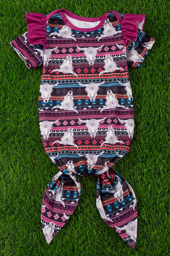 Bull skull & aztec printed baby gown with angel sleeve. PJG25153030