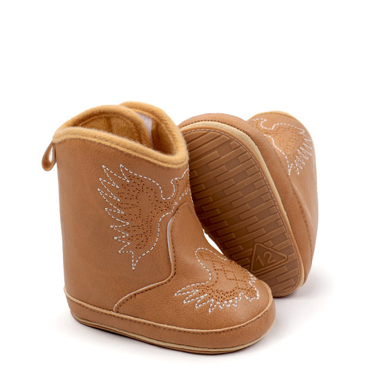 Camel pleather baby  boots with velcro. MY3167C