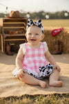 Ping gingham dress with black & white cow printed hem. RPG64271 JEAN
