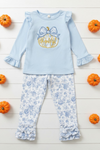Thankful" Embroidered pumpkin with blue floral leggings.GLP0425-28-MON