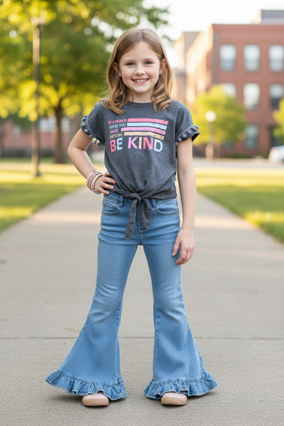 Lt. Blue ruffle trim bootcut denim pants. PNG50700 SOL