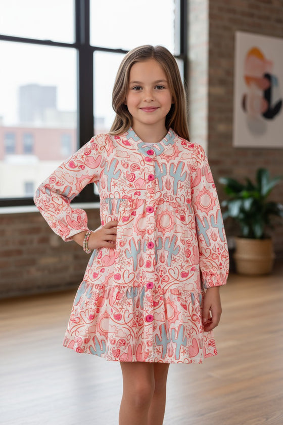 Dessert cactus long sleeve girls button up dress. DRG53965 JEAN