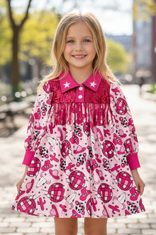  Fuchsia Western disco printed girls long sleeve dress. DRG53647 AMY