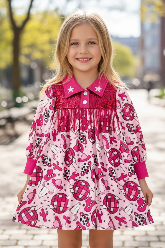 Fuchsia Western disco printed girls long sleeve dress. DRG53647 AMY