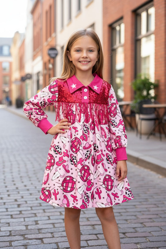 Fuchsia Western disco printed girls long sleeve dress. DRG53647 AMY