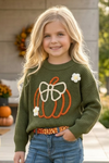 Olive green knit sweater w/ pumpkin embroidered. TPG60576 JEAN