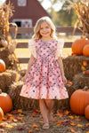 Spider web printed on pink dress with angel sleeves. DRG52034 SOL