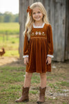 Golden brown faux velvet girls dress w/ floral embroidery. DRG62330 AMY