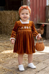 Golden brown faux velvet girls dress w/ floral embroidery. DRG62330 AMY