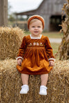 Golden brown faux velvet girls dress w/ floral embroidery. DRG62330 AMY