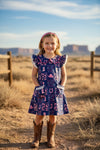 Navy blue dress w/ pink western print dress with front pockets. DRG62624 JEAN