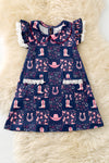 Navy blue dress w/ pink western print dress with front pockets. DRG62624 JEAN