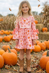 Pumpkin printed on pink dress w/ bell sleeves. DRG62728 Jean