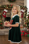 Green faux velvet plaid front bow dress. DRG63952 SOL