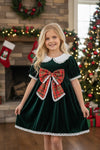 Green faux velvet plaid front bow dress. DRG63952 SOL