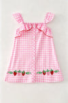 Pink gingham and strawberry embroidered dress. DRG64465 SOL