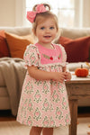 Pink pumpkin printed girls fall dress with embroidered detail. DRG64532 AMY