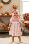 Pink pumpkin printed girls fall dress with embroidered detail. DRG64532 AMY