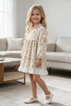 Ivory floral printed girls dress with lace hem and bubble sleeve. DRG64564 MON