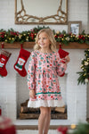 Christmas pattern printed on pink dress with lace hem. DRG65188 AMY