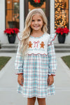 Lt. Blue plaid dress with embroidered ginger cookie. DRG65282 MON