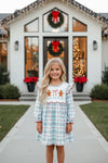 Lt. Blue plaid dress with embroidered ginger cookie. DRG65282 MON