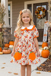 Fall floral printed girls dress w/ pumpkin applique. DRG65303 SOL