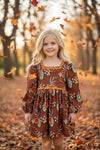 Brown floral long sleeve dress with square neckline. DRG65418 SOL