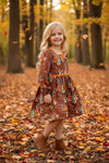 Brown floral long sleeve dress with square neckline. DRG65418 SOL