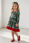 Nutcracker printed girls dress with red ruffle hem and open back with bows. DRG65443 AMY