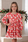 Santa & Red bow printed dress with white lace hem. DRG65522 MON