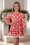 Santa & Red bow printed dress with white lace hem. DRG65522 MON