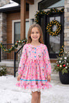 Long sleeve Pink nutcracker printed Christmas dress. DRG65523 SOL