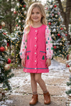 Hot pink Christmas dress with front pockets & multi-printed sleeves. DRG65531 Bre
