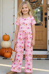 Pink ghost printed on pink girls romper w/pockets. PNG60539 AMY