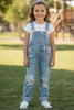 Lt. Blue star bleached denim overalls with distressed detail. PNG50818 AMY